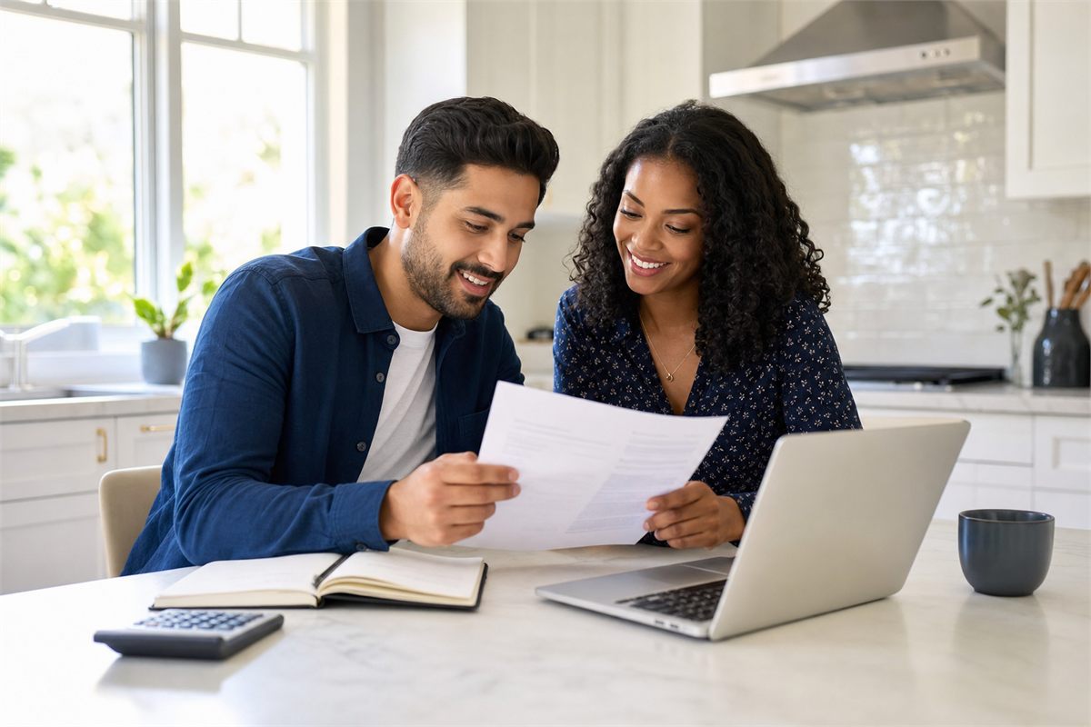 Couple reviewing their household budget at a kitchen table